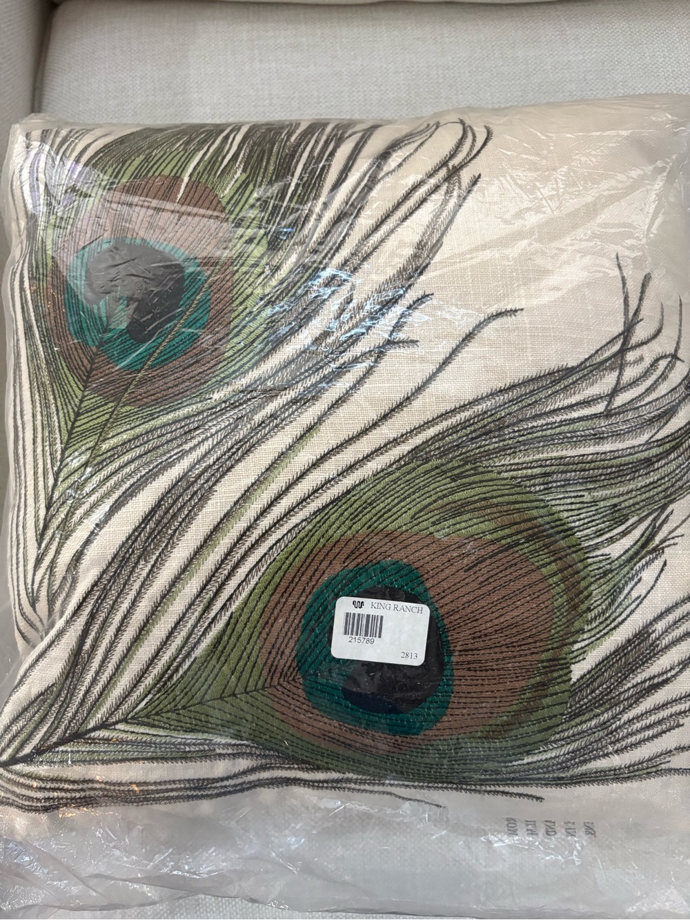 Peacock Feather Decorative Pillows- Cream with Green Accent- Peking handicraft